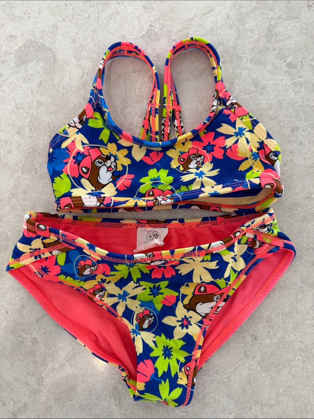 Girls' Floral Cartoon Two-Piece Swim Set - Blue & Pink